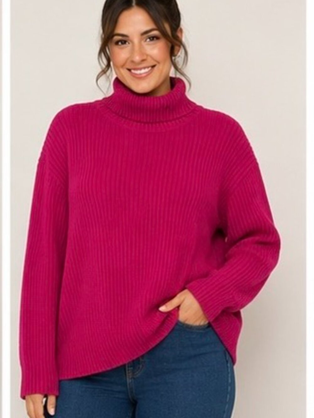 Context 2X Magenta Pink Ribbed Turtleneck Sweater Metallic Long Sleeve Pullover
